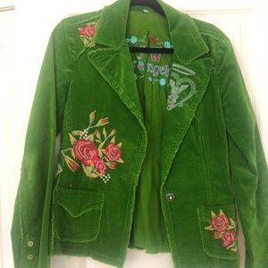 Unique green thin corduroy jacket with embroidery